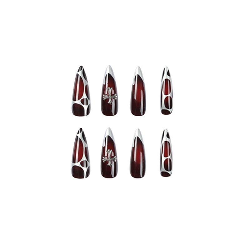 super cool fake nail silver false nail sharp press on nail red black spider special-shaped Punk Artificial Nail Salon Manicure