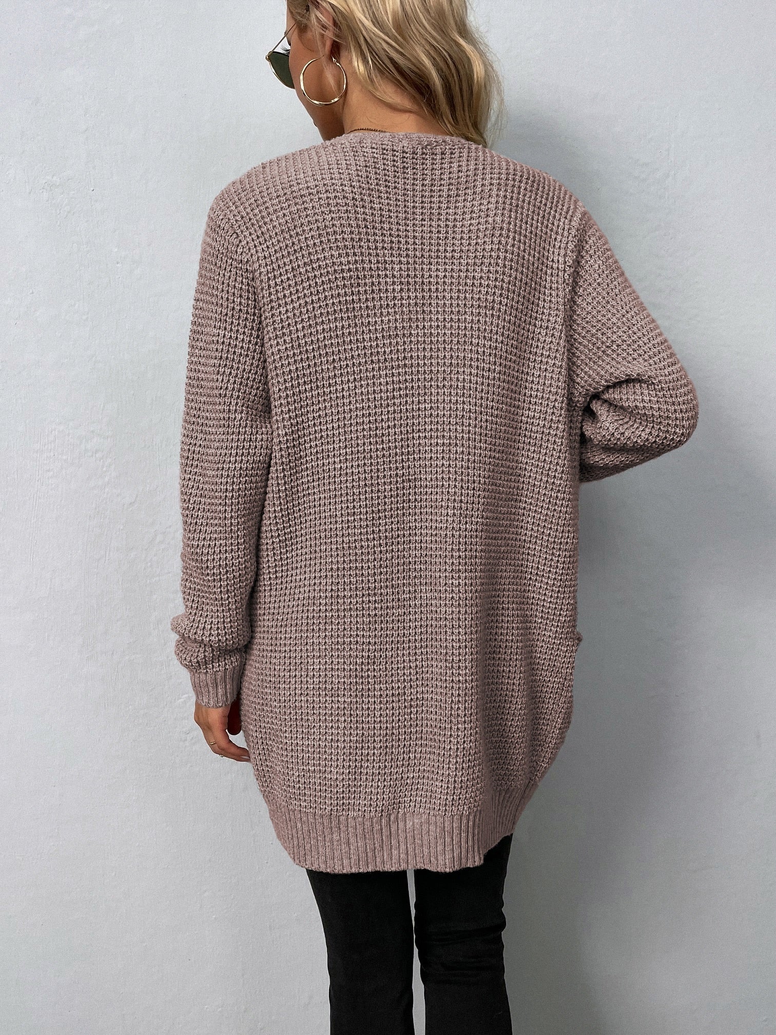 Autumn/Winter Women's Sweater New V-Neck Solid Color Loose Fit Pockets Long Cardigan Knitted Coat Traf Casual Sweaters Women