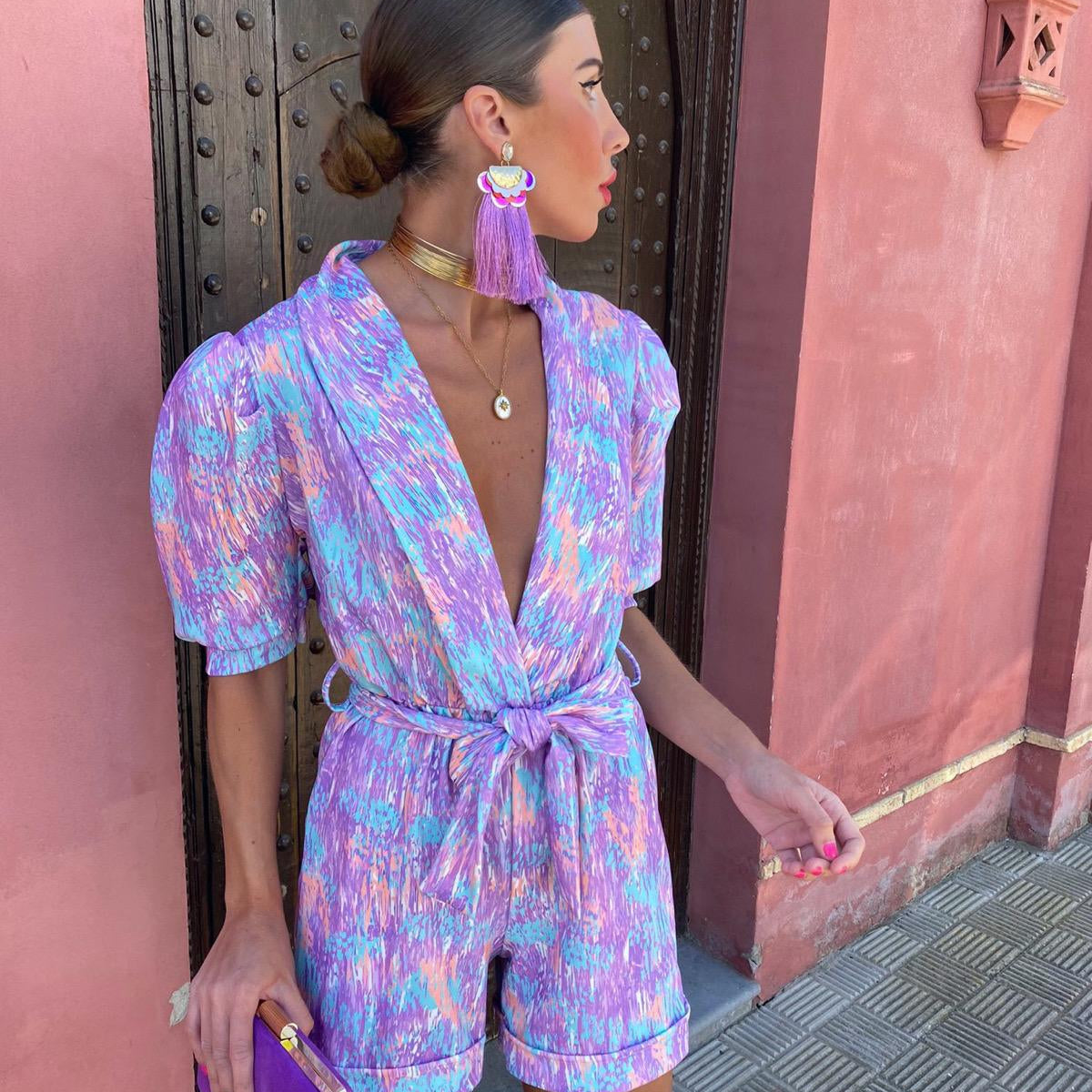 Skinny Playsuits For Women Deep V Neck Short Sleeve Spliced High Waist Print Playsuit Female Summer Fashion Style Jumpsuits Purple