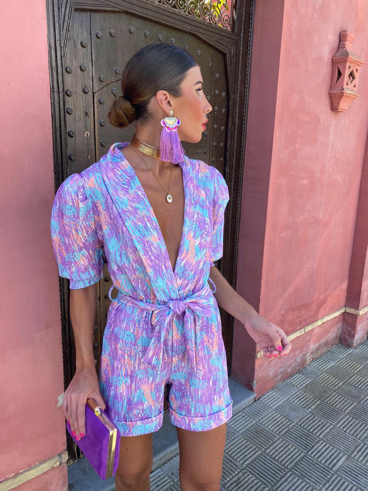 Skinny Playsuits For Women Deep V Neck Short Sleeve Spliced High Waist Print Playsuit Female Summer Fashion Style Jumpsuits Purple