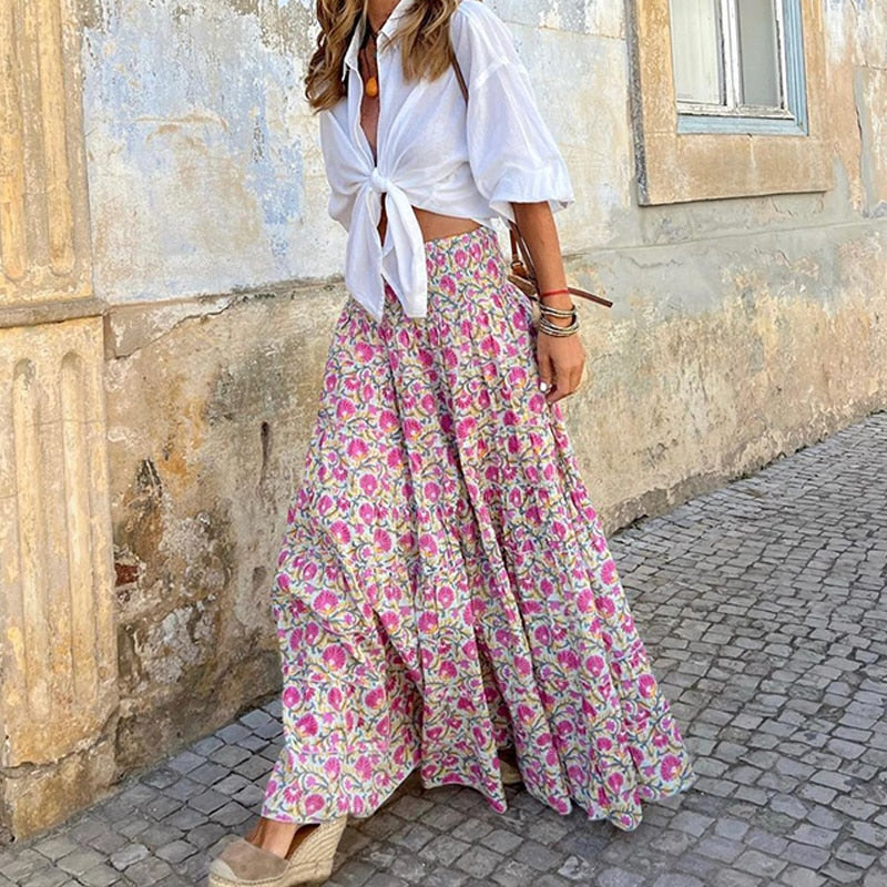 Summer Loose Hem Elastic Wasit Long Skirt For Women Casual Beach Styly Boho Skirt Lady Vintage Floral Print Holiday Beach Skirts