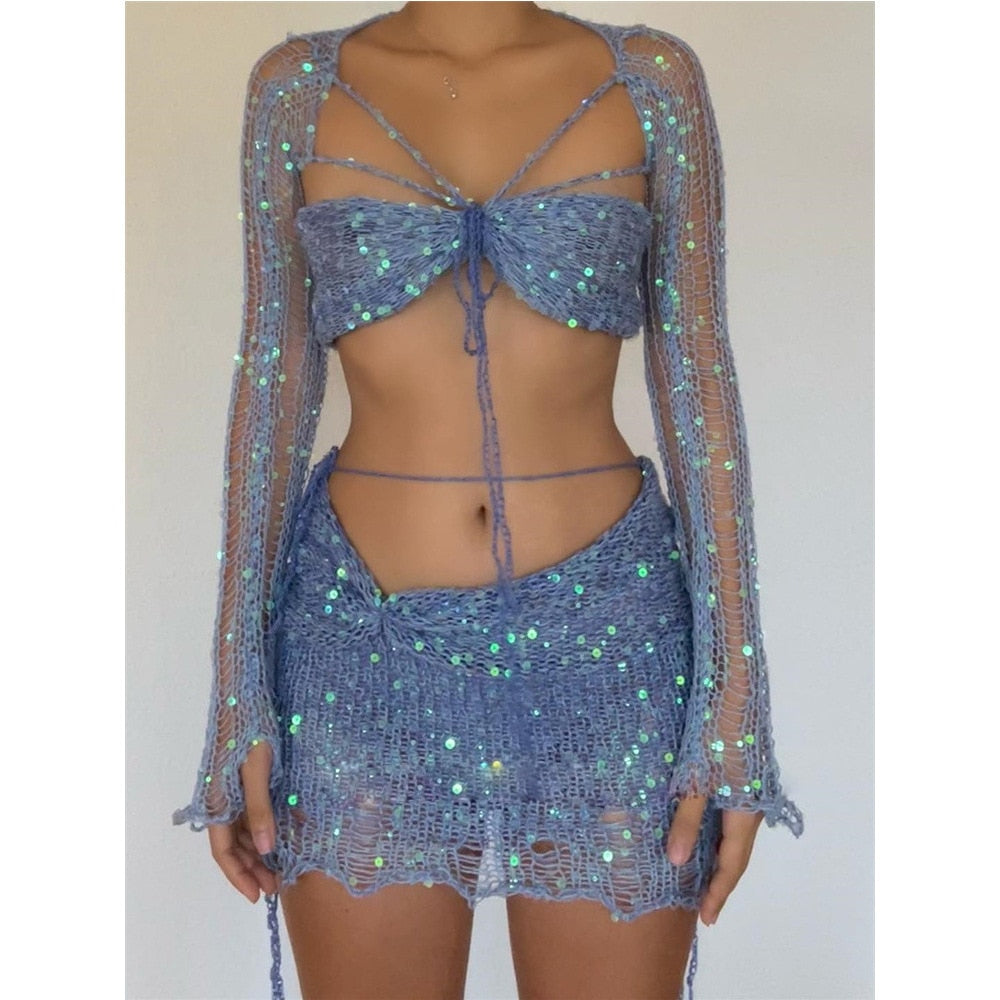 Crochet Knitted Dress Two Piece Skirt Sets Summer Women Clothes Sexy Crop Tops Elegant Knit Sequin Dress 2 Piece Set Outfit Blue