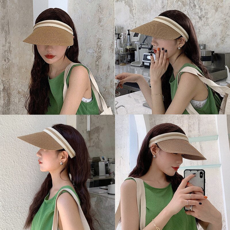 Summer Empty Top Sun Hat - Female Outdoor Visor Cap Casual Shade Hat Straw Wide Large Brim Beach Sunhat Lady