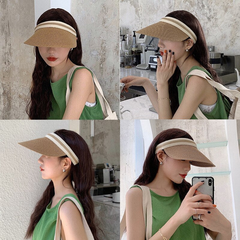 Summer Empty Top Sun Hat - Female Outdoor Visor Cap Casual Shade Hat Straw Wide Large Brim Beach Sunhat Lady