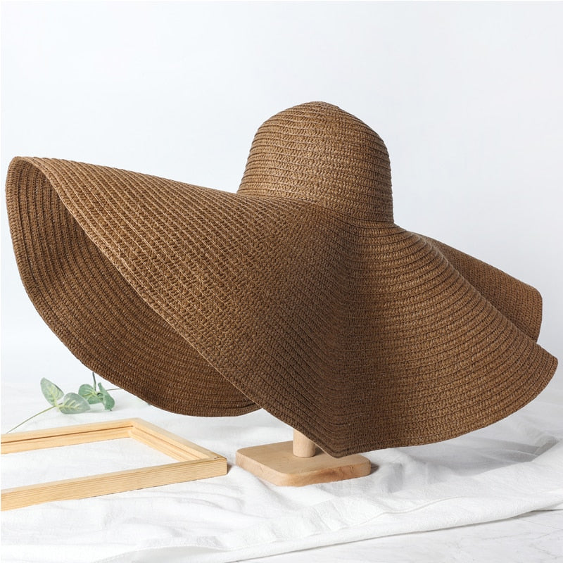 Summer 70cm Large Wide Brim Sun Hats For Women Oversized Beach Hat Foldable Travel Straw Hat Lady UV Protection Sun Shade Hat Brown 54-57cm