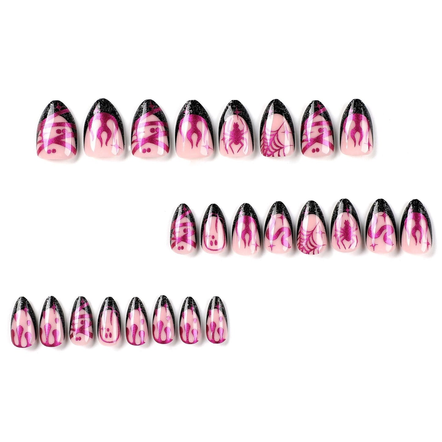 Press On Nails Halloween Black French Style Nail Patches Sparkling Pink Purple Flame Spider Web Nail False Tips Star Awned Snake