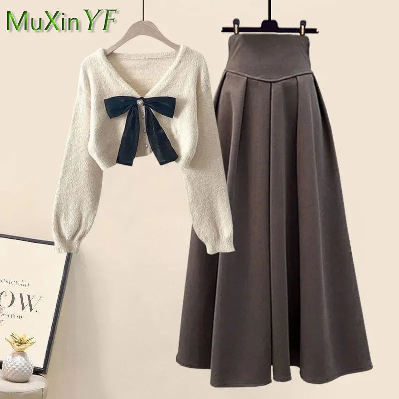 Spring Autumn in Matching Sets Women's Fashion Slim Bow Sweater+High Waist Skirt Two-piece Set Korean Chic Dress Suit