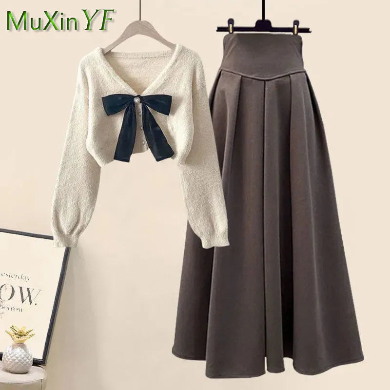 Spring Autumn in Matching Sets Women's Fashion Slim Bow Sweater+High Waist Skirt Two-piece Set Korean Chic Dress Suit