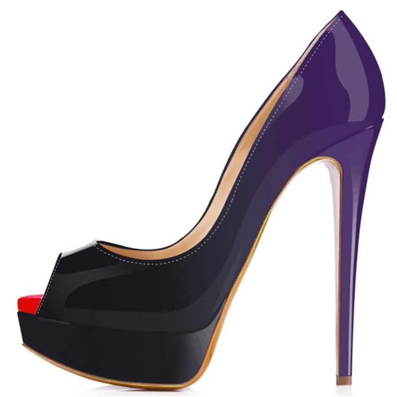 Women Pumps Sexy Platform Peep Toe 14cm Extremely High Heels Woman Patent Leather Nighclub Red Wedding Shoes Gradient Stiletto