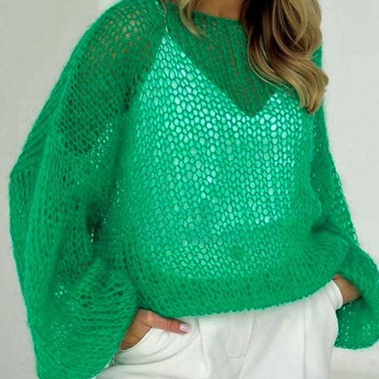 TYHRU Women's Knitted Sweaters Lady Hollow out Mesh Thin Pullover See Through Look Lantern Sleeve Loose Tops Smock