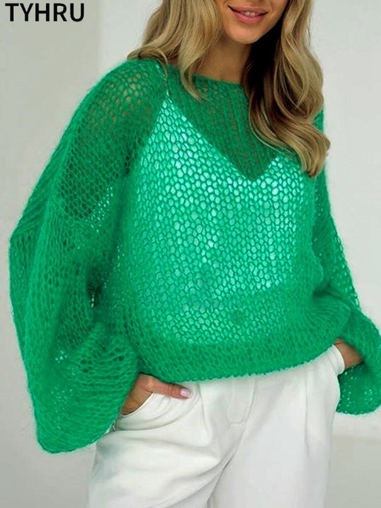 TYHRU Women's Knitted Sweaters Lady Hollow out Mesh Thin Pullover See Through Look Lantern Sleeve Loose Tops Smock