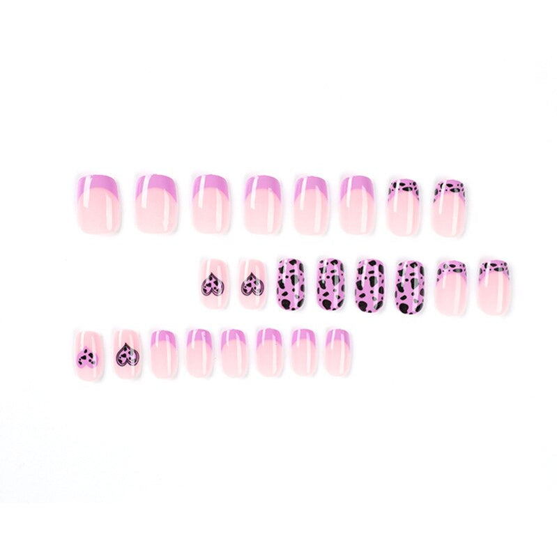 Purple Love Heart Leopard Print Wearable Nail Art Glossy Pink Fake Nails Finished False Nails Short Press on Nails with Glue