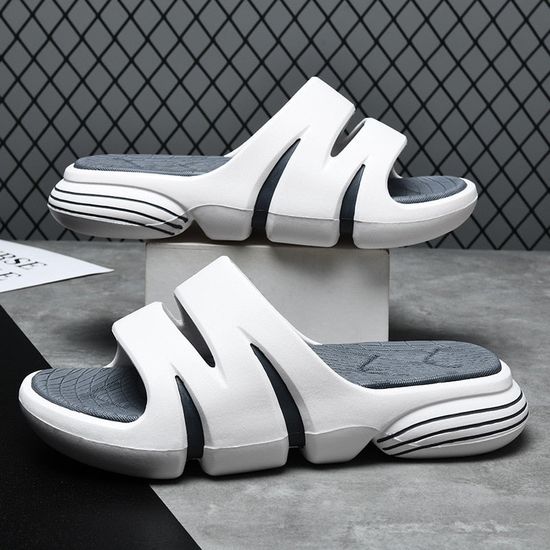 JOYWILL Summer Men's Slippers EVA Soft Bottom Non-slip Slippers Fashion Lightweight Outdoor Beach Flip Flops Shoes For Men White-Gray-A Spain