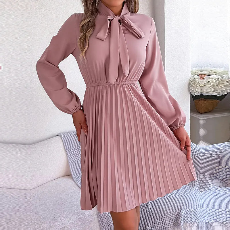 Women's Autumn Winter Temperament Lace Up Solid Color High Waist Long Sleeve Pleated Dress