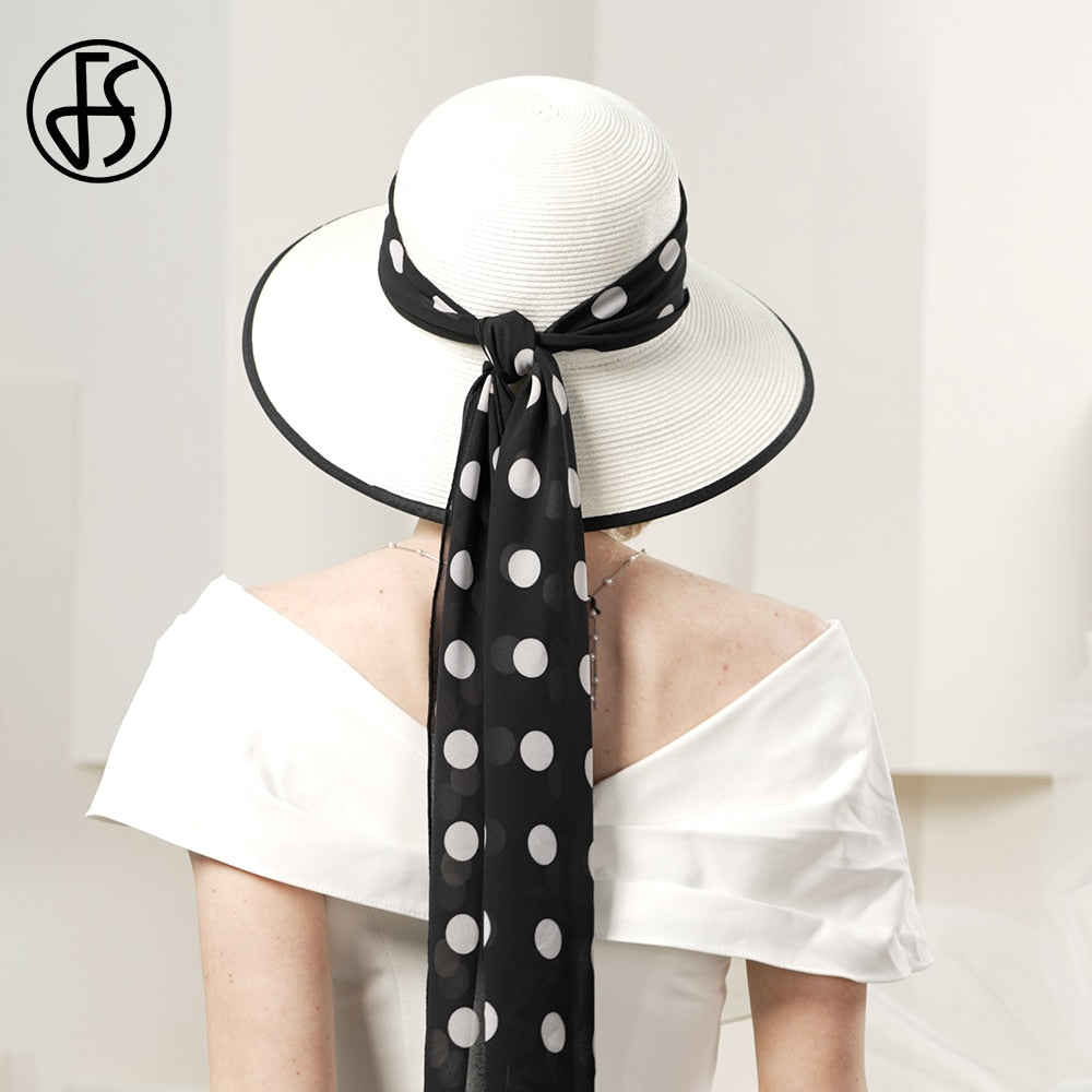 FS White Straw Hats For Women Romantic Simple Polka Dots Sun Visor Cap Ladies Wedding Church Formal Dress Fedoras Summer