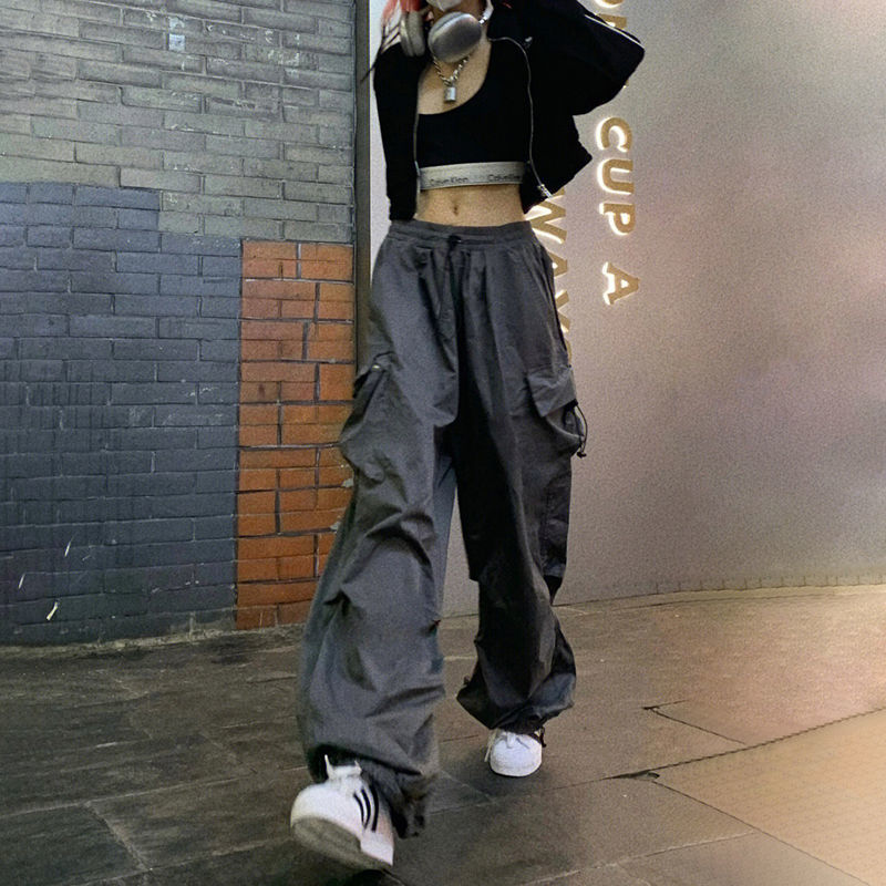 Women Casual Joggers Tech Pants Vintage Solid Low Waist Drawstring Baggy Trousers Y2K Wide Leg Sweatpants Streetwear Cargo Pants EA01132-Grey
