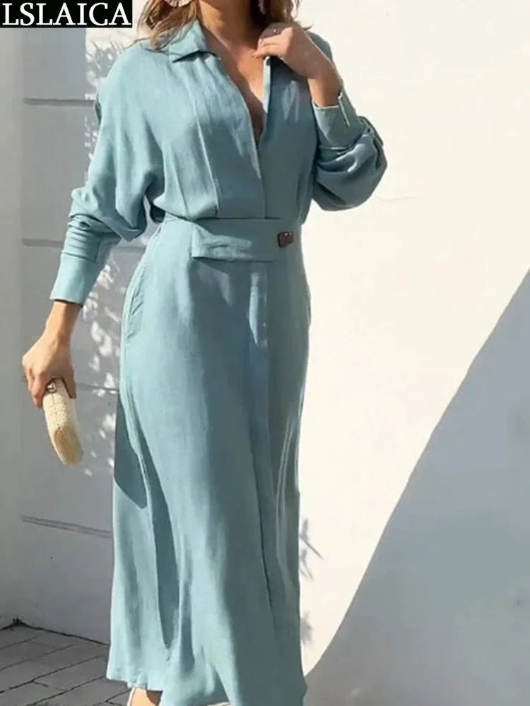 Fashion Dress for Women Luxury Elegant Solid Color Evening Dresses Party Slip Pockets Chic Promotion Long Sleeve Clothes