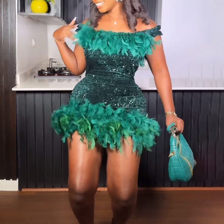 Luxury Feather Evening Mini Prom Sexy Off Shoulder Club Short Bodycon Dress Women Elegant Shiny Sequins Party Vestidos