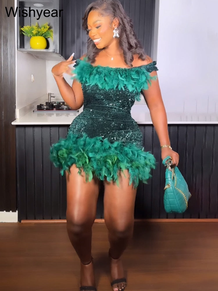 Luxury Feather Evening Mini Prom Sexy Off Shoulder Club Short Bodycon Dress Women Elegant Shiny Sequins Party Vestidos