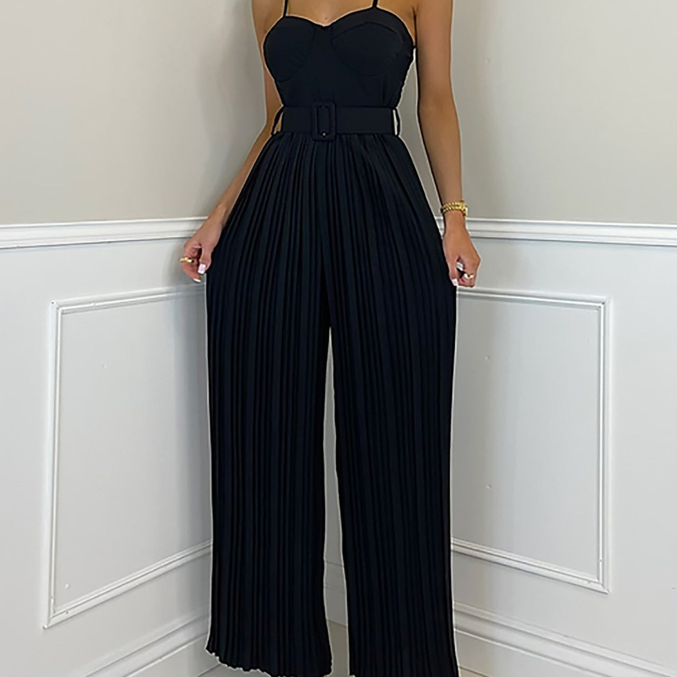 Summer Casual Suspenders Long Jumpsuit Women Sexy Fashion Solid Sleeveless Sashes Pleated Wide Leg Jumpsuit Orange Female black