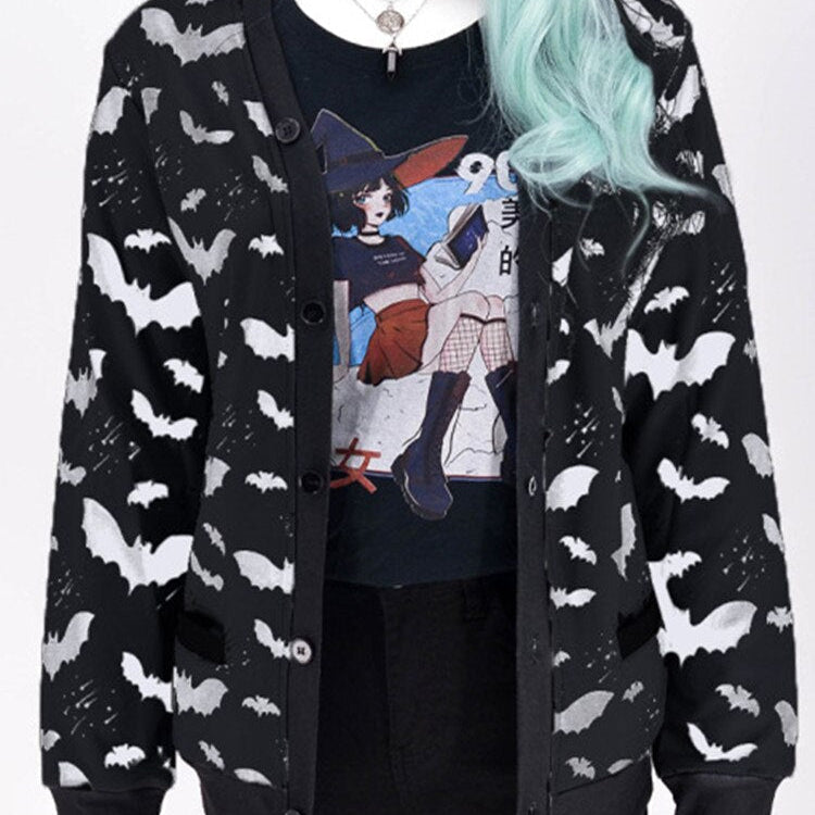 Gothic Black Bat Print Ladies Jacket Fall Loose Casual Zip-Up Top Y2K Party Fashion Top