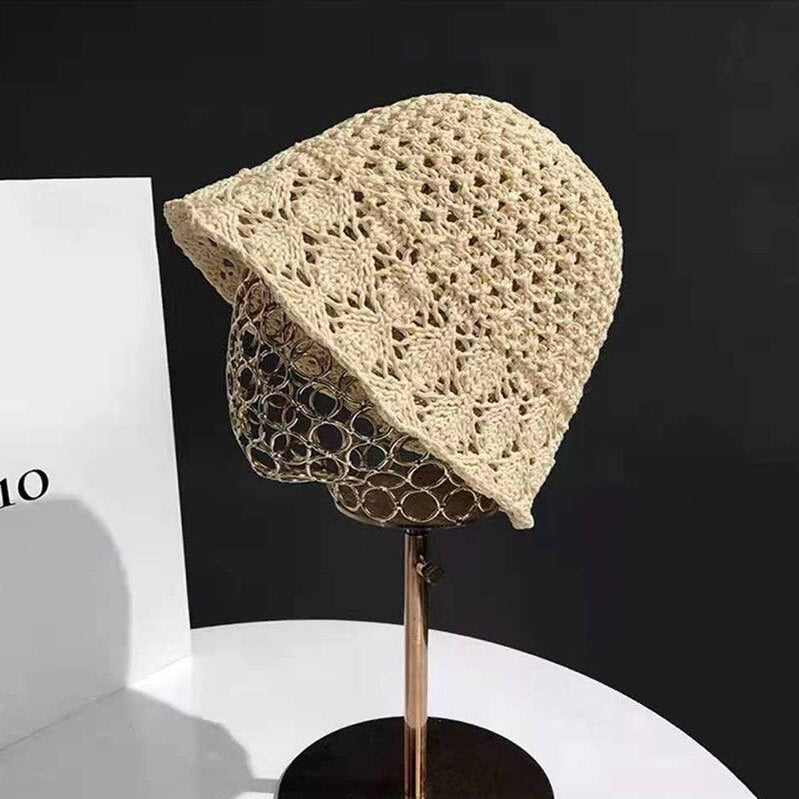 Sunscreen Hat Women's Net Red ins Korean Bucket Hat Hollow out Fisherman Basin Hat Outdoor Knitted Sun Shield Hat 15 55-58CM