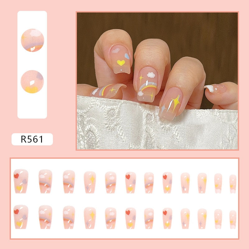 24Ps Childlike Fake Nails With Glue Cute Kawaii Personality Stick On Nails False Girls Short Press On Nail Art DIY Manicure Tool Nails With Glue R561