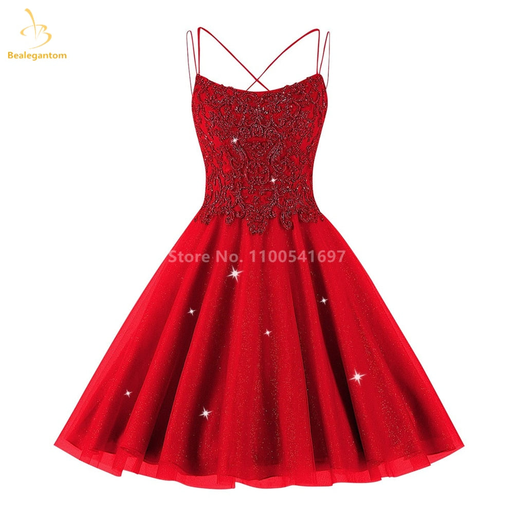 Bealegantom Lace Beaded Spaghetti Homecoming Dresses Sparkly Tulle Pageant Short Prom Party Cocktail Gown Vestidos De Graudation