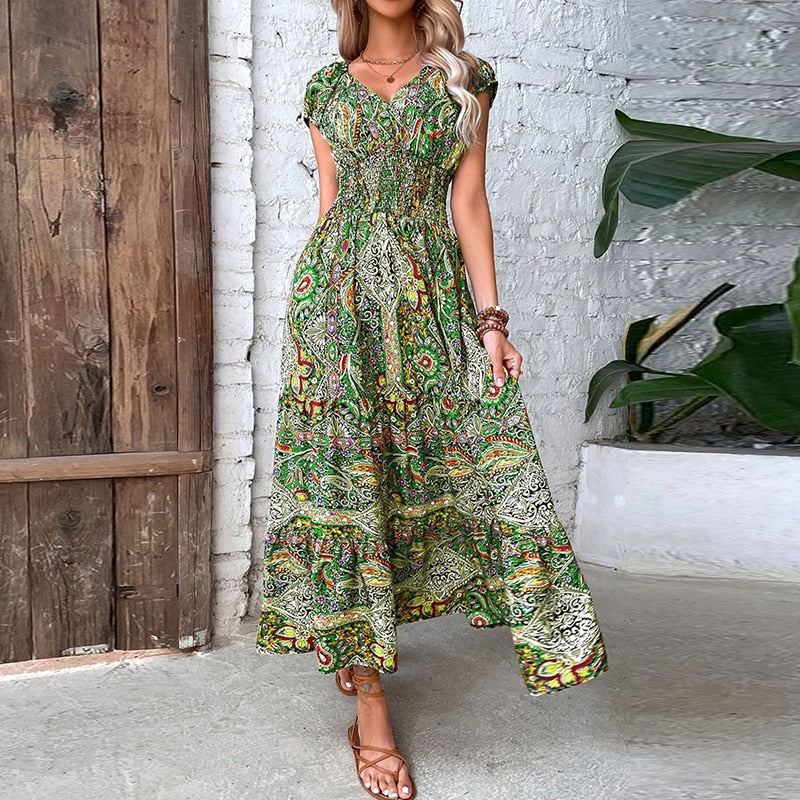Women Vintage Print Long Dress 2023 Summer Sexy V Neck Short Sleeve A-line Dress Female Elegant Elastic Waist Maxi Dresess Robe Army Green