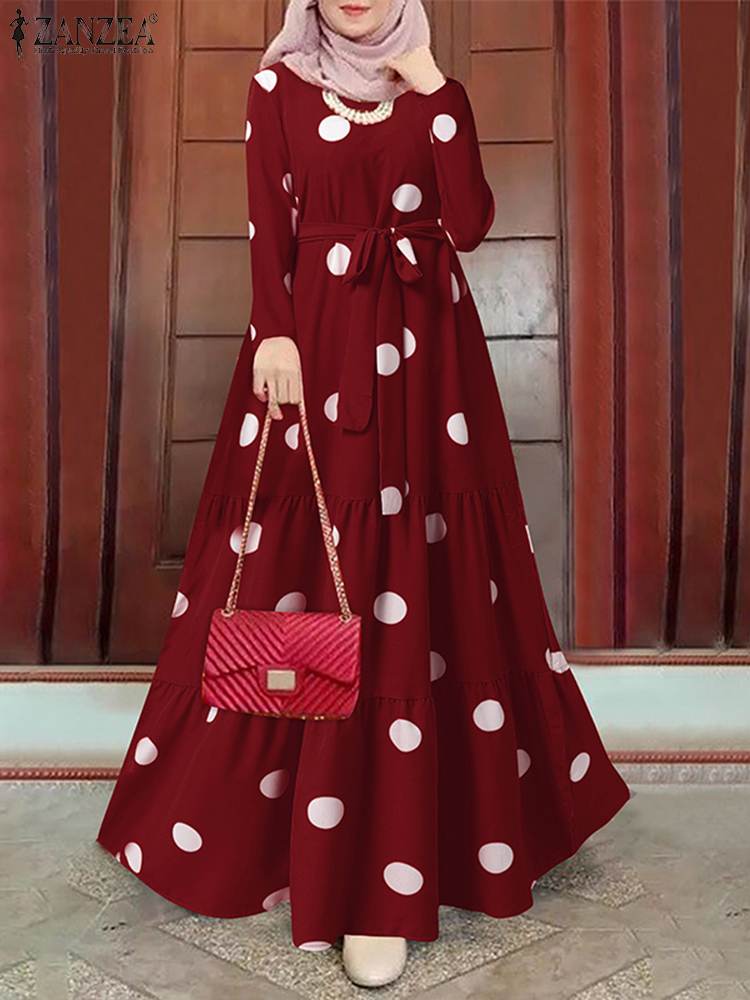 ZANZEA Women Spring Muslim Dress Elegant Casual Loose Abaya Kaftan Sundress Long Sleeved Polka Dots Printed O-Neck Maxi Robe