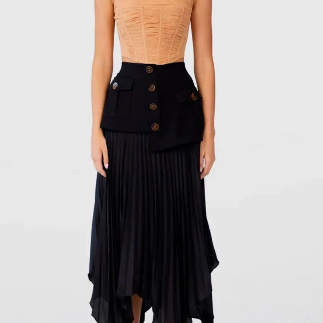 Fashion Women's Skirt High Waist Spliced Single Breasted Pleated Irregular Solid Color Long Skirts Spring 2023 New 17A6142 Black