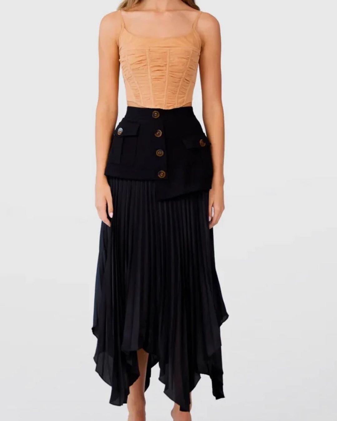 Fashion Women's Skirt High Waist Spliced Single Breasted Pleated Irregular Solid Color Long Skirts Spring 2023 New 17A6142 Black