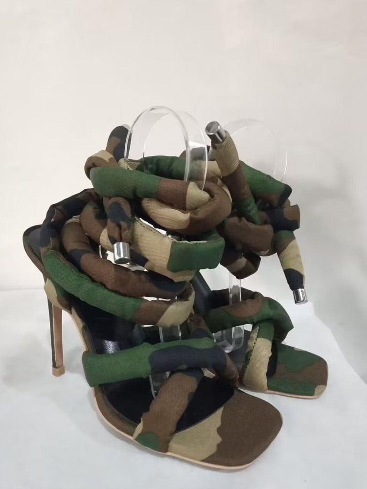 Summer Square Head Slim High Heel Sandals Wrapped Around The Feet Fashion Show Dress 43 Large Women's Sandals camouflage