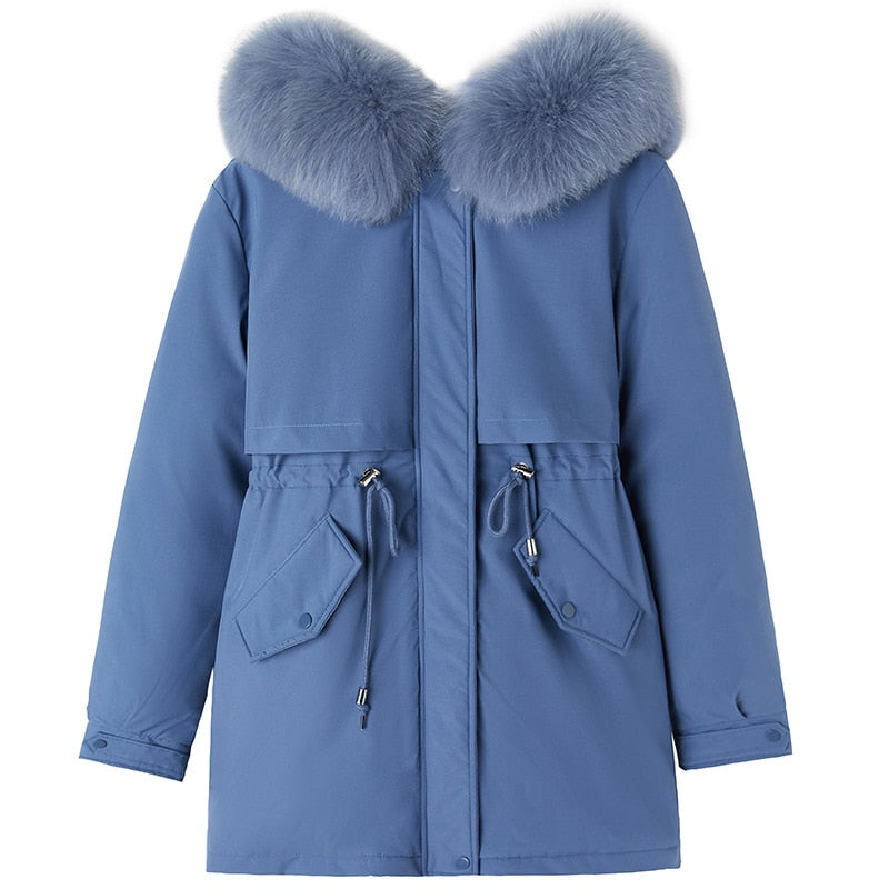 Women Parka Fashion Long Coat Wool Liner Hooded Parkas New Winter Jacket Slim with Fur Collar Warm Snow Wear Padded Clothes