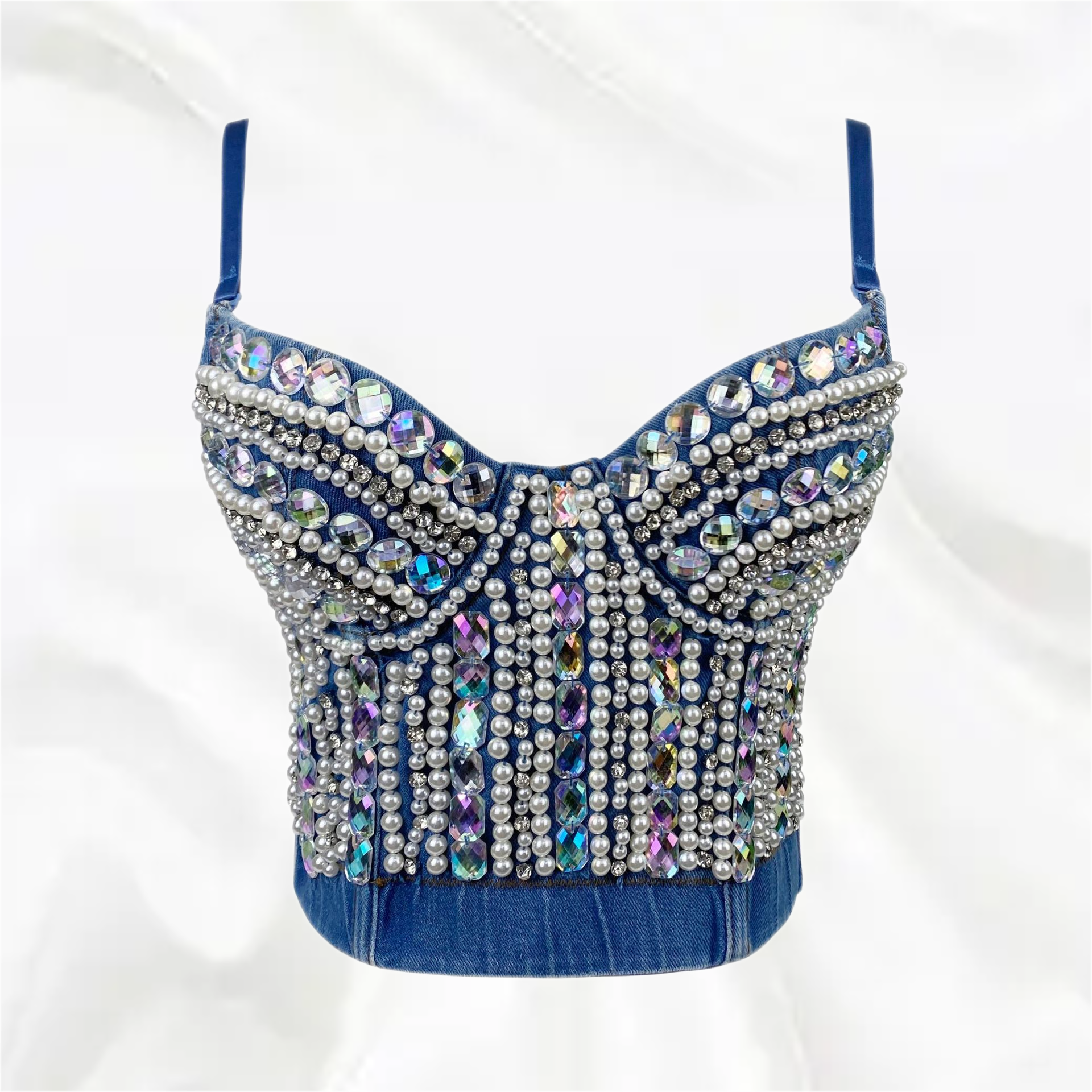 SXTHAENOO Women's Heavy Industry nailed beaded Diamond-Studded Sexy Crop Top Fashion Denim Sling Top Vset топ женский Blue Spain