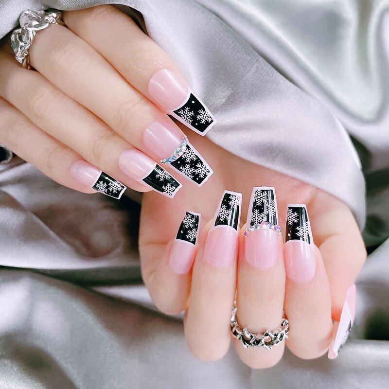 24Pcs/Box White French Fake Nails Press on Long XL Length Rhinestone Design False Nails Full Cover Acrylic Nail Tips JZJP-SD-01