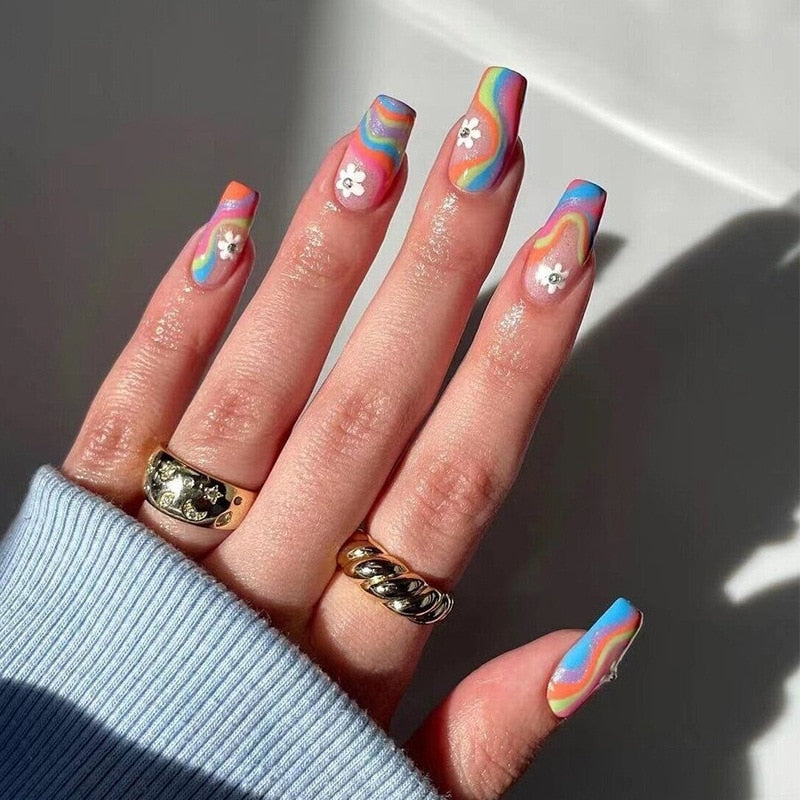 Blue Glitter Powder Waves Design Wearable Nail Art Glossy Fake Nails Short Ballet Finished False Nails Press on Nails with Glue