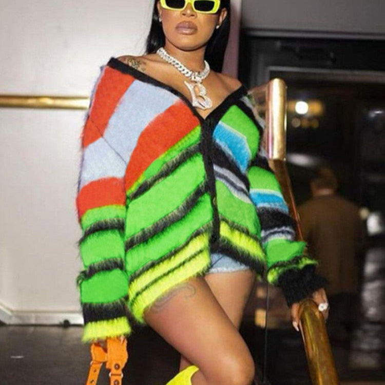 Weird Puss Cardigan Sweater Y2K Women Button Contrast Color Patchwork V-Neck Lantern Sleeve Top Street Hipster Loose Coat Green One Size