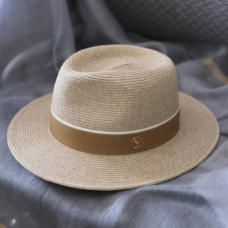 Designer New Natural Panama Soft Shaped Straw Hat Summer Women/Men Wide Brim Beach Sun Cap UV Protection Fedora Birthday Gift Khaki