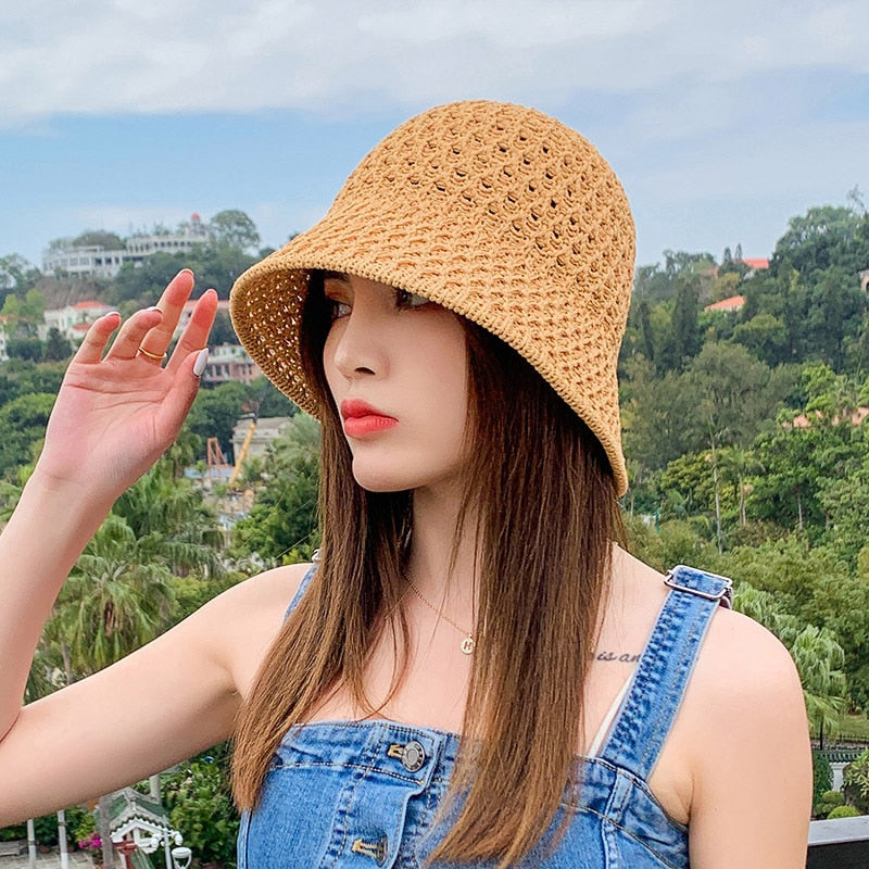 Sunscreen Hat Women's Net Red ins Korean Bucket Hat Hollow out Fisherman Basin Hat Outdoor Knitted Sun Shield Hat 6 55-58CM