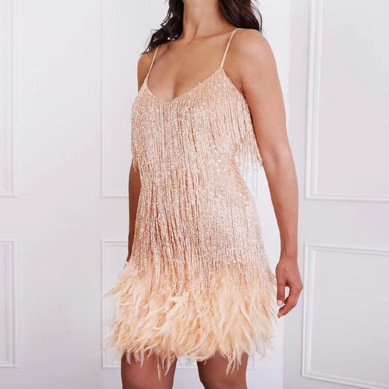 Sexy Women's Fringed Sequin Feather Stitching Dress Summer Slim V-Neck Off Shoulder Dresses Female Backless Slip Mini Robe champagne LYQ63