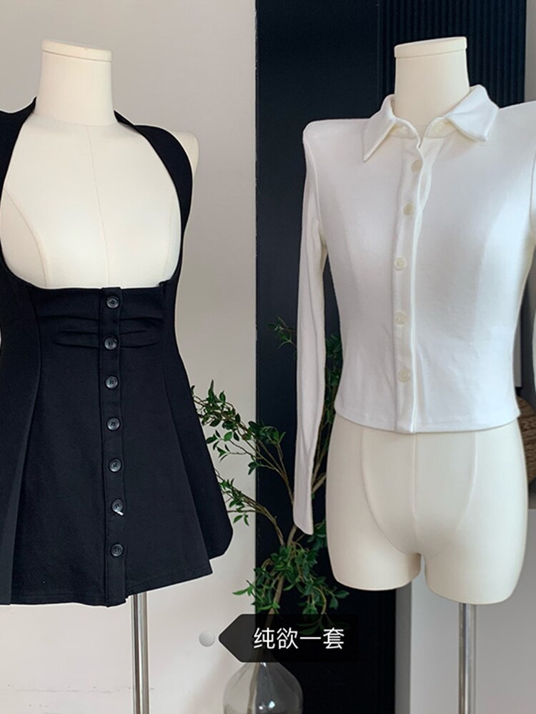 Korean Y2k Two Piece Sets Fall Outfits Office Women Skirt Sets Lapel Cardigan Crop Tops + Suspender Mini Skirt Elegante Clothes