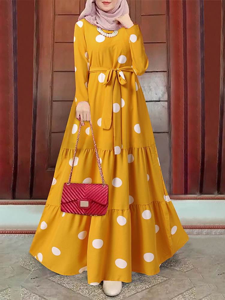 ZANZEA Women Spring Muslim Dress Elegant Casual Loose Abaya Kaftan Sundress Long Sleeved Polka Dots Printed O-Neck Maxi Robe