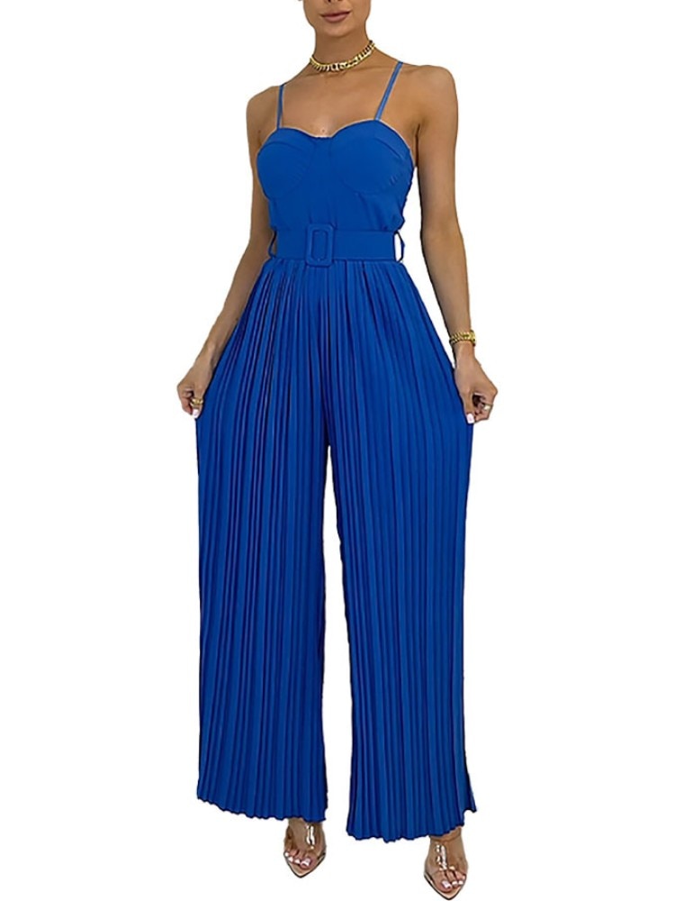 2023 Summer Casual Suspenders Long Jumpsuit Women Sexy Fashion Solid Sleeveless Sashes Pleated Wide Leg Jumpsuit Orange Female