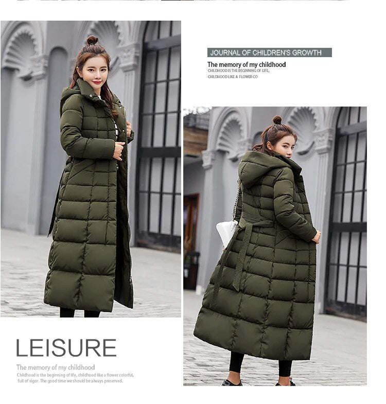Winter jacket women's warm fashion bow belt fox fur collar coat long dress women's thick coat Army Green