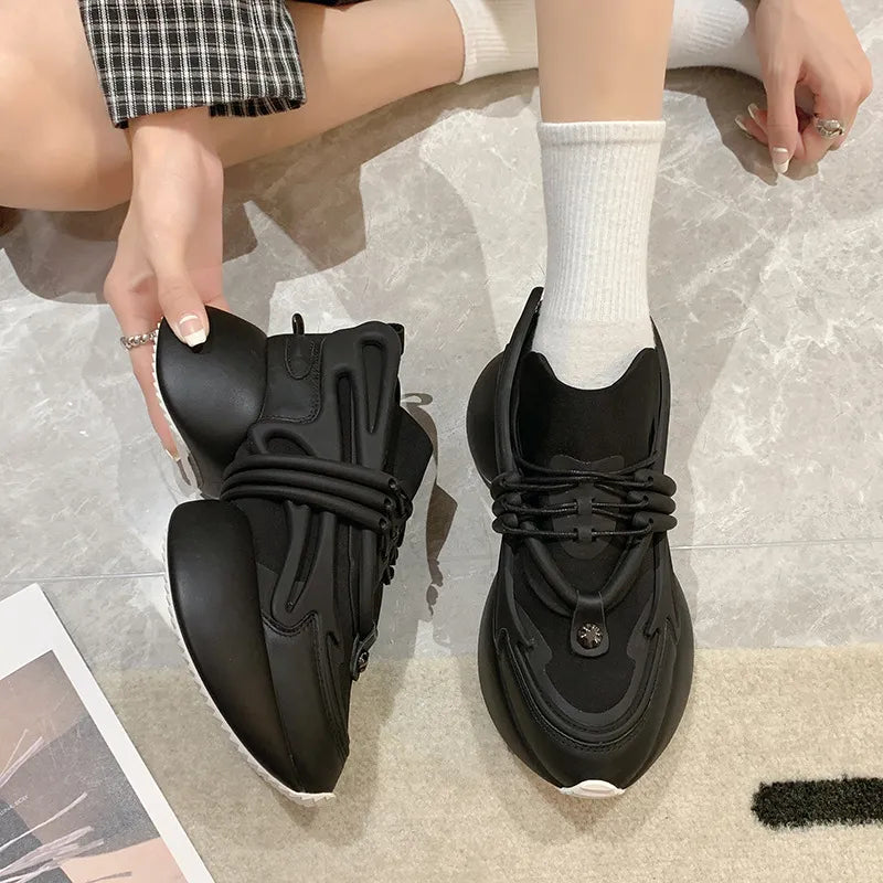 Women Sneakers Genuine leather Platform Sneakers Women Casual Shoes Chunky Sneaker 6CM Increase Designer Thick Sole Dad Shoes black