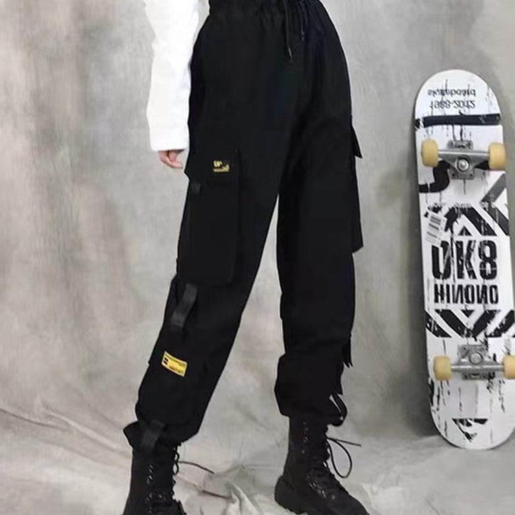 Women Cargo Pants Harem Pants Fashion Punk Pockets Jogger Trousers With Chain Harajuku Elastics High Waist Streetwear style 2 black