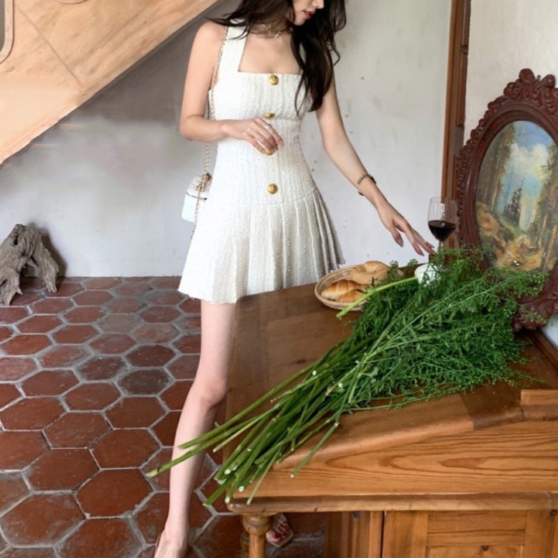 Womens Dresses Summer Gold Button Tweed Halterneck Strap Dress Korean Style A-line Elegant Party Evening Dress Mini Dress