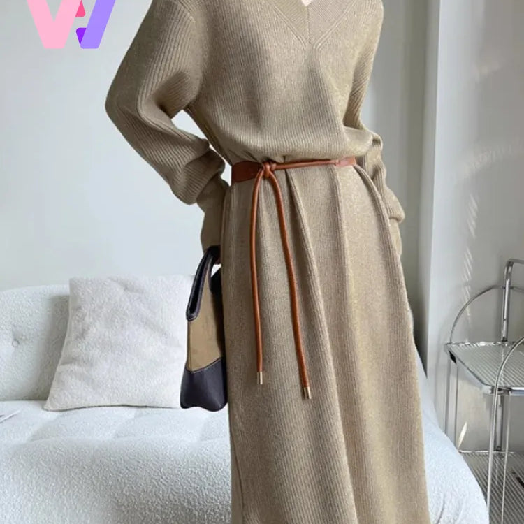 New Autumn Winter Women Knit Sweater Dress V-neck Loose Long Pullover Dress Lazy Temperament Robe Women One Piece Skirt Clothes