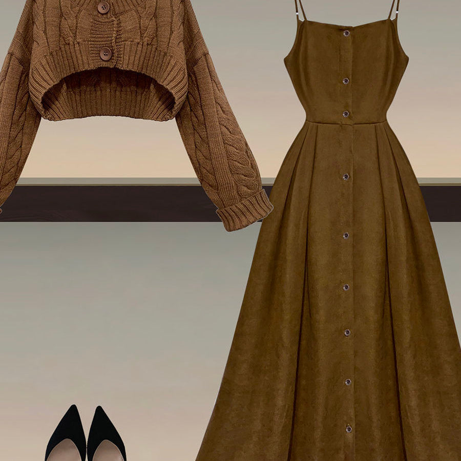 Fall Winter Two Piece Sets Women Outfits Korean Casual Long Sleeve Twist Knitted Short Sweater And Straped High Waist Dress Sets set